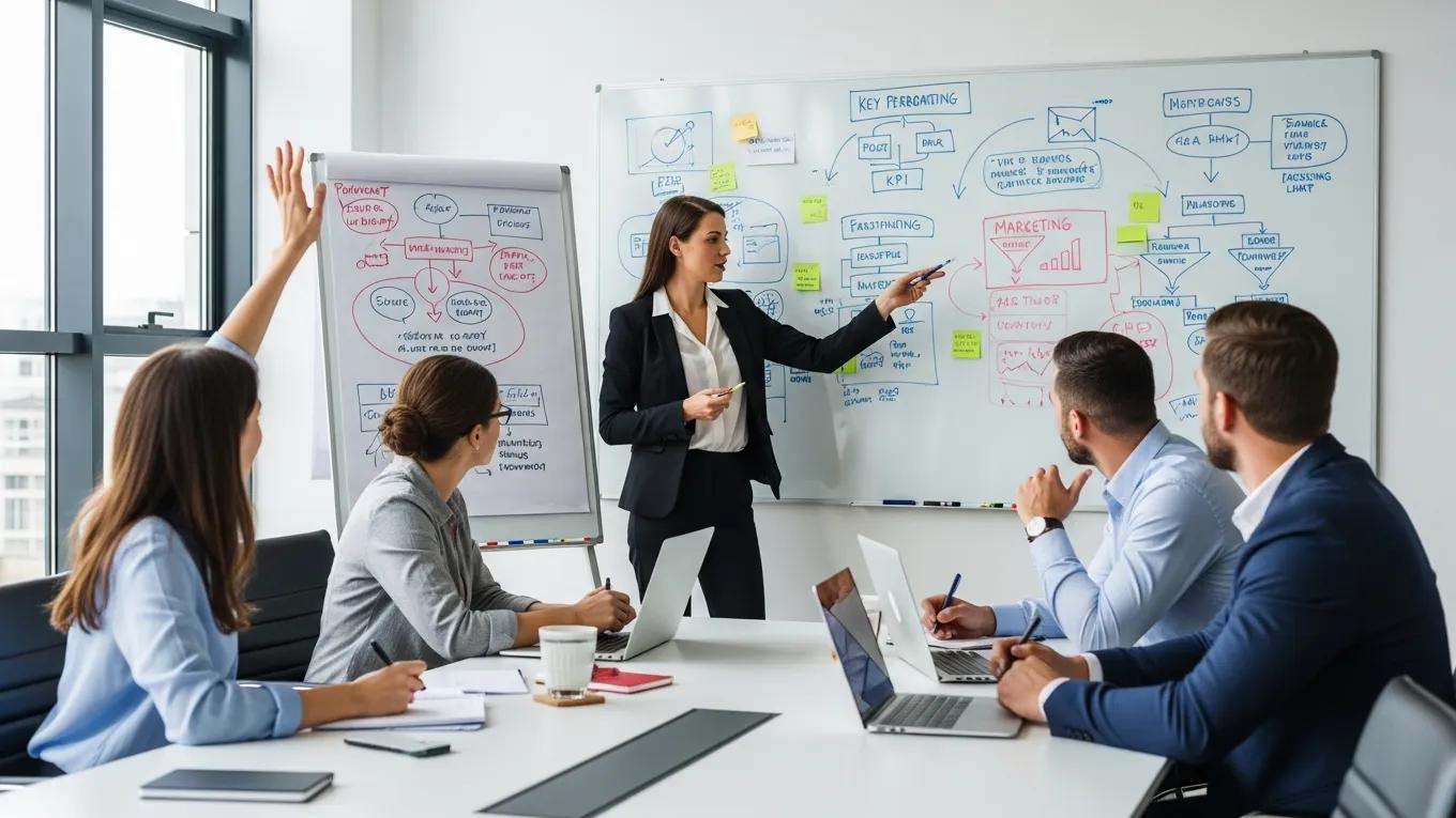 Fractional CMO presenting marketing strategies to a team in a modern conference room