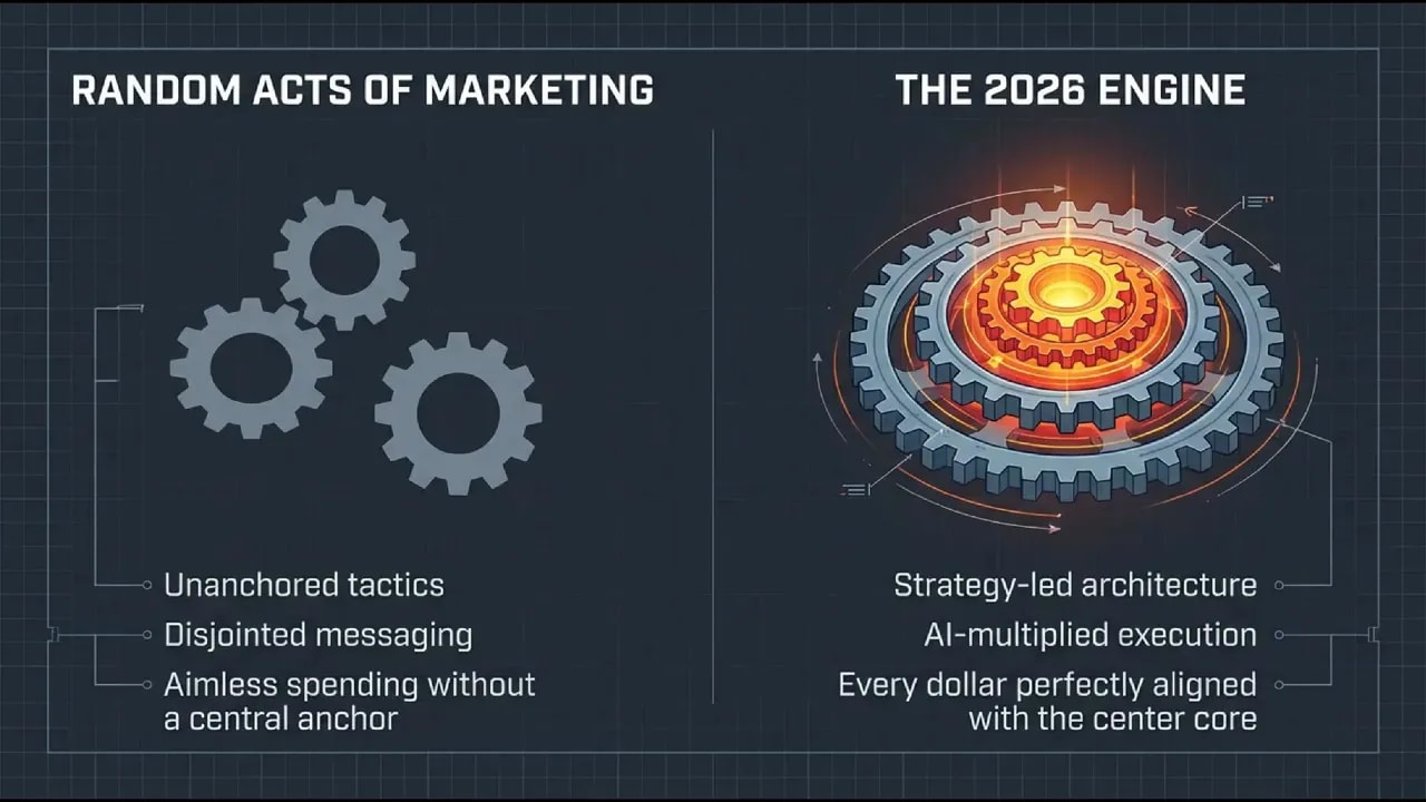 Split graphic comparing random marketing tactics vs. the 2026 marketing engine with strategy-led architecture