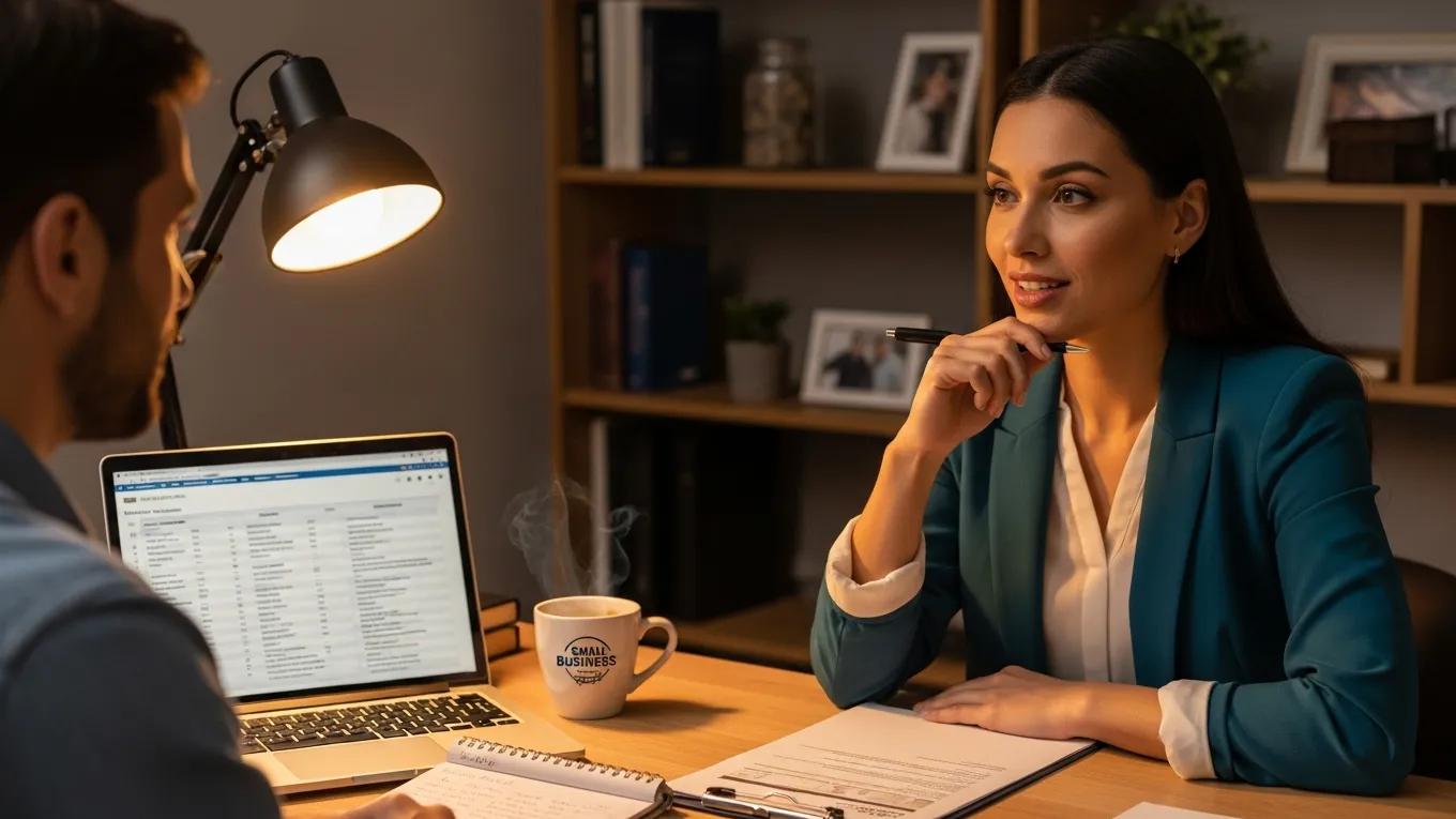 Small business owner interviewing candidates for a fractional CMO position in a cozy office
