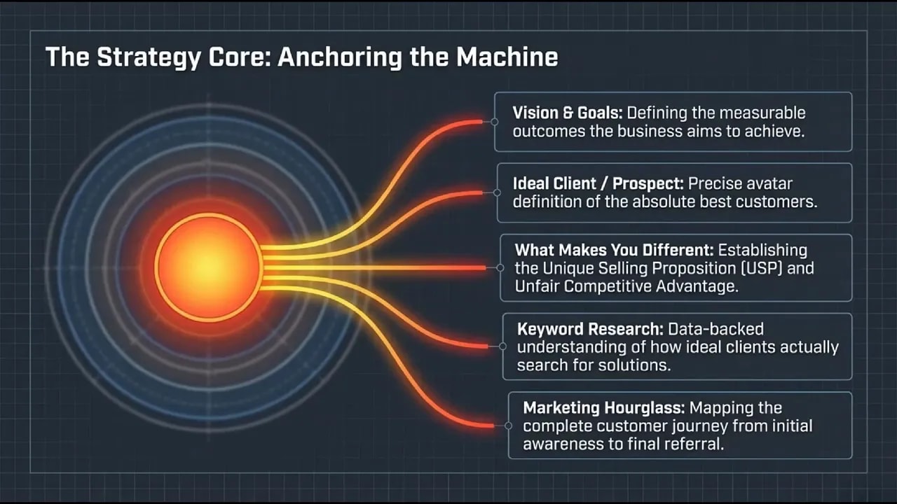 Diagram showing the Strategy Core: anchoring the 2026 marketing engine with vision and goals, ideal client, differentiation, keyword research, and a marketing hourglass.