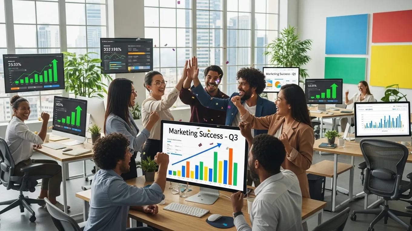 Team celebrating marketing success in a vibrant office environment