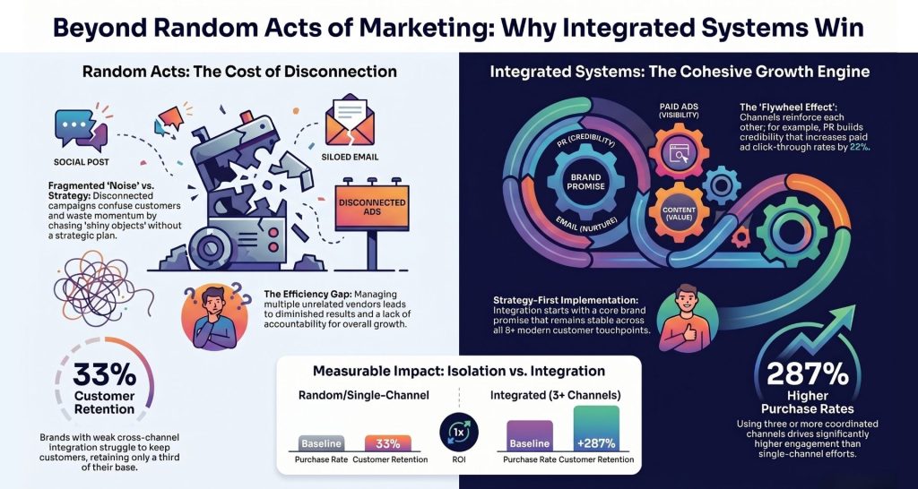Infographic comparing disconnected marketing channels with integrated systems, showing higher customer retention and growth with integrated strategies versus random acts of marketing.