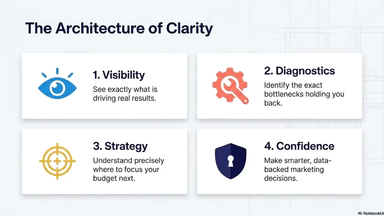 Diagram showing the four pillars of the Architecture of Clarity: Visibility, Diagnostics, Strategy, and Confidence