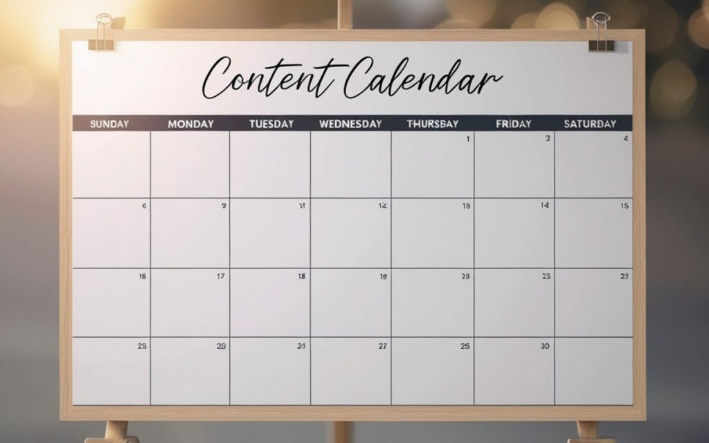 Blog strategy - consistency beats volume. A blank content calendar with columns for each day of the week and numbered boxes for days of the month, displayed on an easel.