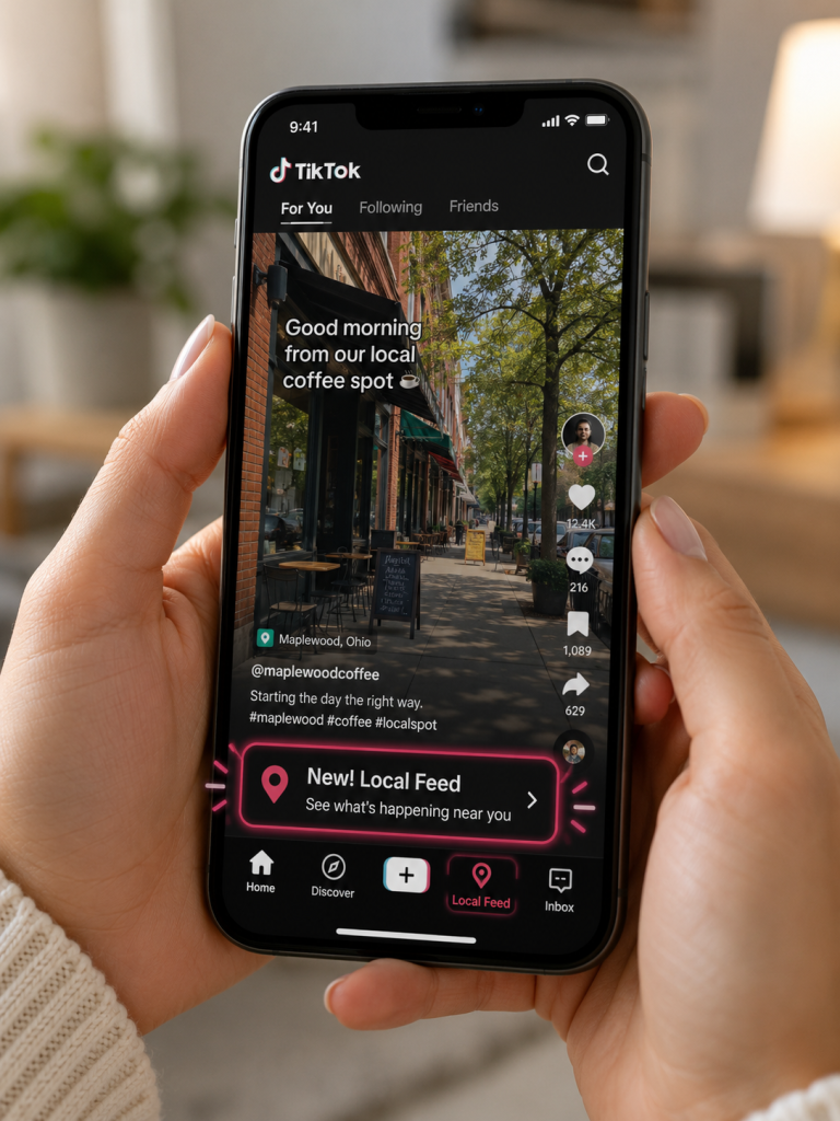 Person holding a smartphone displaying a TikTok video of a local coffee shop, with a notification for a new Local Feed at the bottom of the screen.