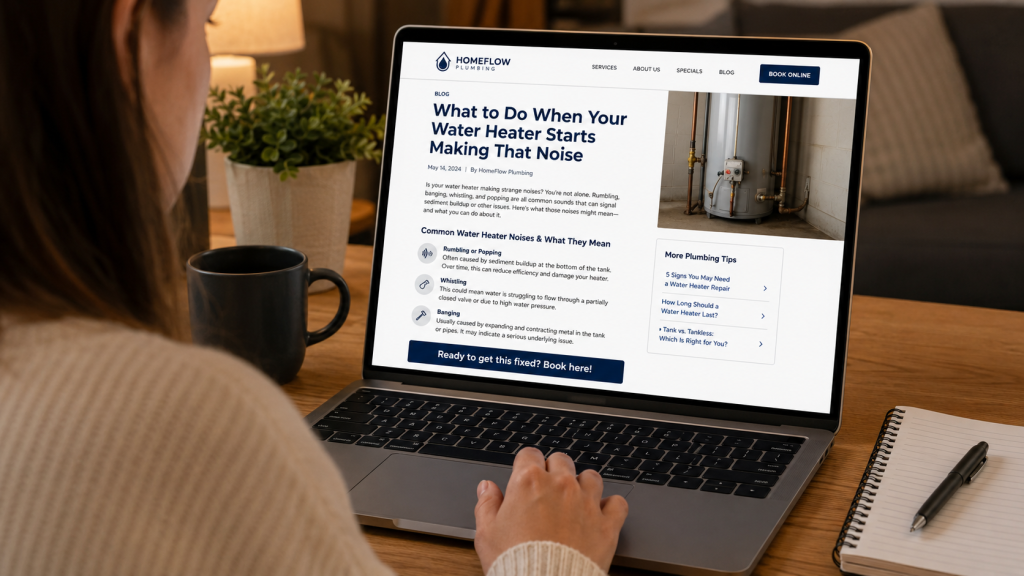 Person using a laptop to read a blog post titled "What to Do When Your Water Heater Starts Making That Noise" on a plumbing company's website.